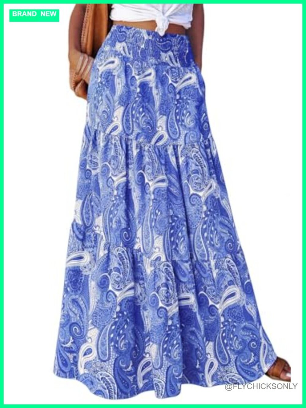 PRETTYGARDEN Smocked High Waist Floral Maxi Skirt Tiered A-Line with Pockets